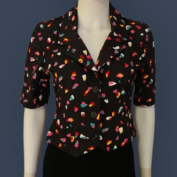 Vtg Handmade 1980s Colorful Patterned Cropped Button Down Short Sleeve Shirt - Picture 1 of 6